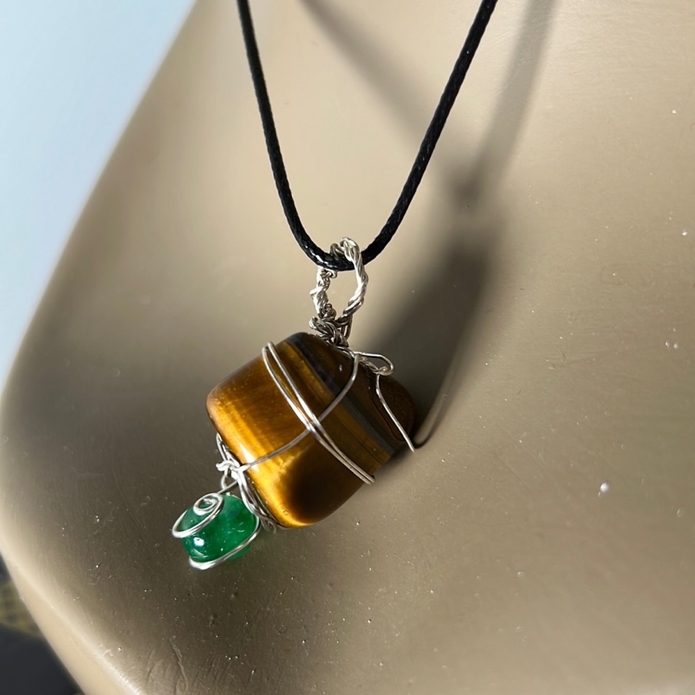 #8 Genuine Yellow Tigers Eye crystal Green Jade Handmade wire wrapped necklace
